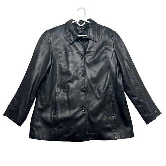 Style & Co Leather Jacket Womens Button Up Size Large Black Collar Pockets - Picture 1 of 9